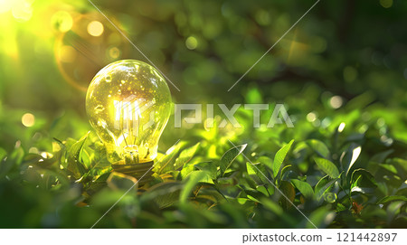 Green energy concept with light bulb and nature. AI Generated 121442897