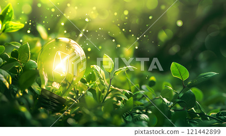 Green energy concept with light bulb and nature. AI Generated Green energy concept with light bulb and nature. AI Generated 121442899