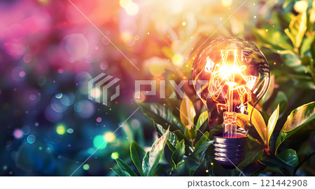 Green energy concept with light bulb and nature. AI Generated Green energy concept with light bulb and nature. AI Generated 121442908