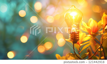 Green energy concept with light bulb and nature. AI Generated 121442918