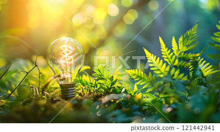Green energy concept with light bulb and nature. AI Generated 121442941