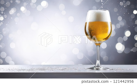 [AI圖像]波光粼粼的背景和啤酒倒入玻璃杯 121442956