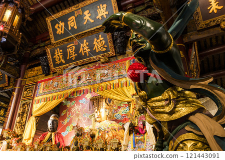 The main hall of the Great Mazu Temple in Tainan, Taiwan, enshrined statues of Mazu. the Mazu is a deified form of the medieval Fujianese shamaness Lin Moniang. 121443091