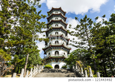 Building view of Zhongxing Pagota in Chenghcing Lake Scenic Area in Kaohsiung, Taiwan. 121443492