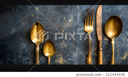 Cutlery knife, spoons, forks on a dark concrete background. AI Generated 121443556