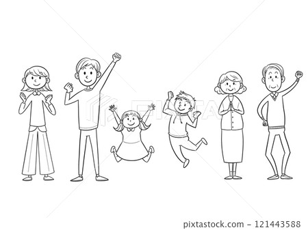 三代家庭微笑和揮手的黑白插圖 121443588