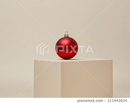 Elegant red christmas bauble on soft beige background for festive decoration 121443624