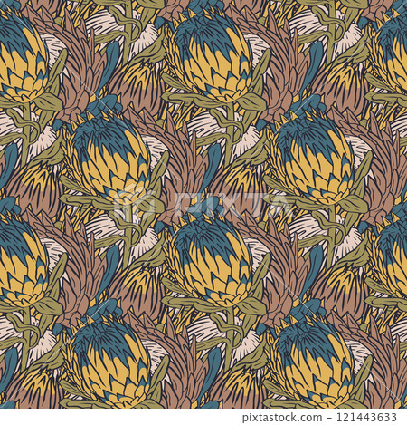 Seamless pattern with hand drawn protea flowers on brown background 121443633