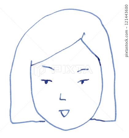 Hand-drawn line drawing of a woman's face with a serious expression_Fountain pen blue-black dye ink 121443680
