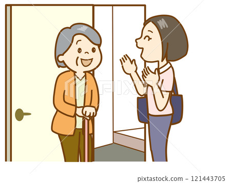 Welfare counselors and caregivers who visit elderly people living alone Welfare counselors and caregivers who visit elderly people living alone 121443705