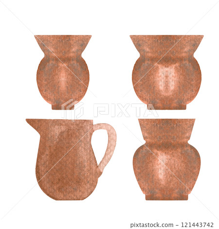 Pots, clay jars, rusty metal antique watercolor illustration set isolated on white background, hand drawn design elements. Perfect for cards, decor, label and logos, souvenir decor. Ancient clip art 121443742
