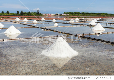 View of the Jingzaijiao Tile-Paved Salt Fields in Tainan, Taiwan, one of the Southwest Coast National Scenic Area attractions. 121443807
