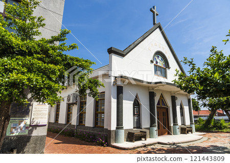 Building view of the Beimenyu Church in Tainan, Taiwan. it was built for local people who suffered from Blackfoot Disease. 121443809