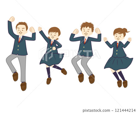 四個穿著制服的男孩和女孩用拳頭泵跳躍 121444214