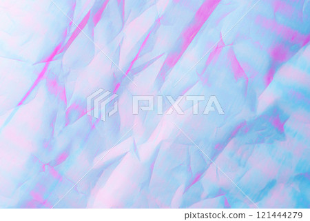 An abstract background featuring pastel hues of pink and blue with a textured crumpled paper effect. 121444279