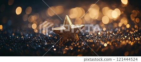 Defocused magic stars background with beautiful bokeh, golden stars on dark background 121444524