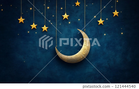 Golden crescent moon with stars, hanging on strings, on dark night sky background 121444540