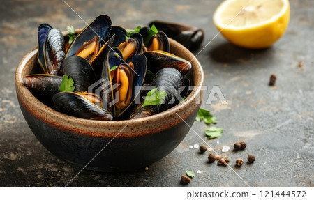 Mussels in bowl with lemon on rustic background, healthy seafood concept 121444572