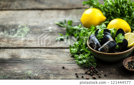 Mussels in bowl with lemon on rustic background, healthy seafood concept Mussels in bowl with lemon on rustic background, healthy seafood concept 121444577