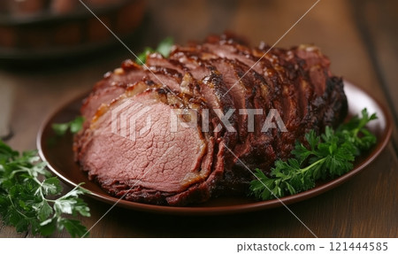 Sliced cooked roast beef on rustic background with copyspace for your text. Delicious healthy meat food 121444585