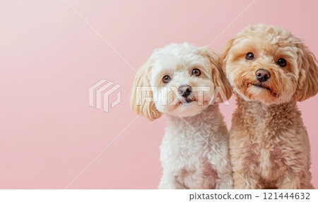 Two cute maltipoo puppy dogs on light pink background with copyspace 121444632