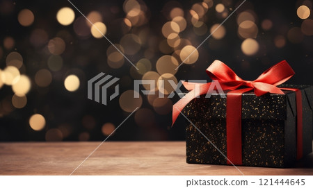 Black gift box with red ribbon on dark luxury bokeh defocused background 121444645