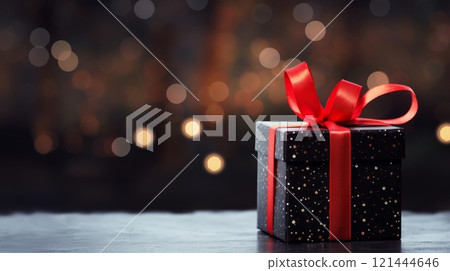 Black gift box with red ribbon on dark luxury bokeh defocused background 121444646