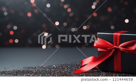 Black gift box with red ribbon on dark luxury bokeh defocused background 121444659