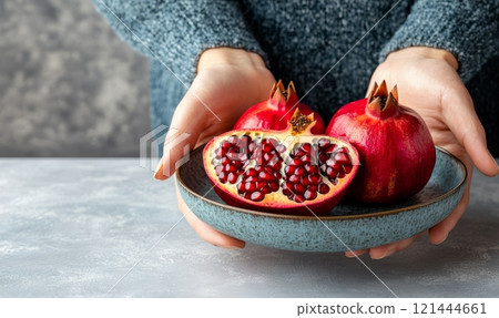 Pomegranates on a plate on light rustic background Pomegranates on a plate on light rustic background 121444661