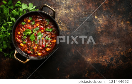 Curry with vegetables on rustic background, delicious asian dinner 121444662