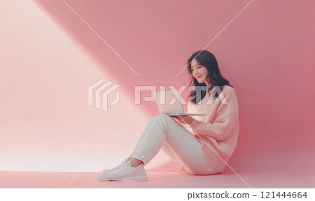 Happy woman working on laptop. Pink background with copyspace Happy woman working on laptop. Pink background with copyspace 121444664