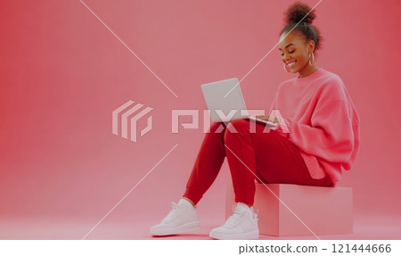 Happy woman working on laptop. Pink background with copyspace 121444666