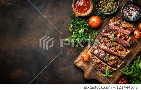 Sliced cooked roast beef on rustic background with copyspace for your text. Delicious healthy meat food 121444678
