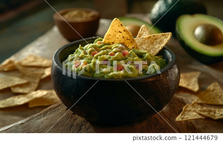 Guacamole sauce in a bowl with tortillas chips on rustic background 121444679