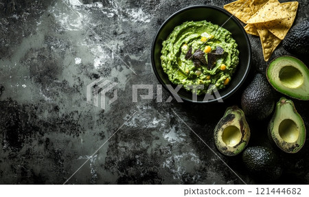 Guacamole sauce in a bowl with tortillas chips on rustic background 121444682