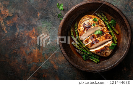 Grilled chicken meat with asparagus on a plate, barbecue dinner 121444688