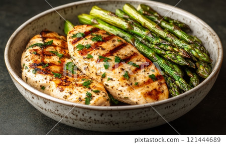 Grilled chicken meat with asparagus on a plate, barbecue dinner 121444689