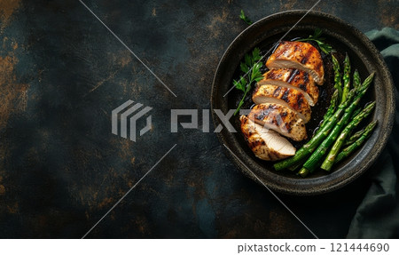 Grilled chicken meat with asparagus on a plate, barbecue dinner 121444690