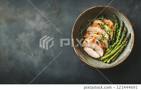Grilled chicken meat with asparagus on a plate, barbecue dinner 121444691