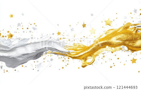Background with watercolor paint splashes in gray silver and gold color and golden stars. Background with watercolor paint splashes in gray silver and gold color and golden stars. 121444693