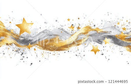 Background with watercolor paint splashes in gray silver and gold color and golden stars. Background with watercolor paint splashes in gray silver and gold color and golden stars. 121444695
