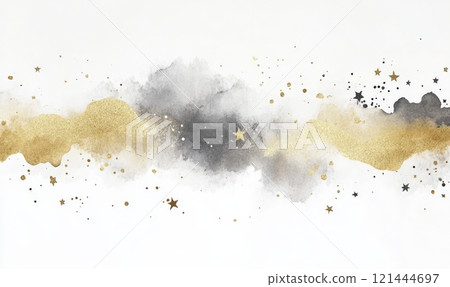 Background with watercolor paint splashes in gray silver and gold color and golden stars. 121444697