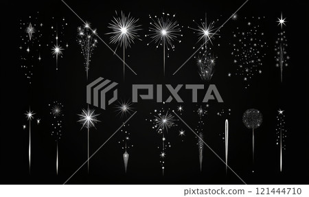 Set of minimalistic fireworks and stars on black background 121444710