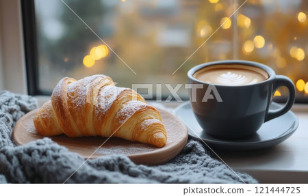 Croissant and coffee, cozy winter morning concept 121444725