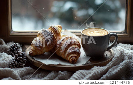 Croissant and coffee, cozy winter morning concept 121444726