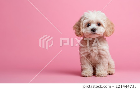 Cute maltipoo puppy dog on light pink background with copyspace 121444733