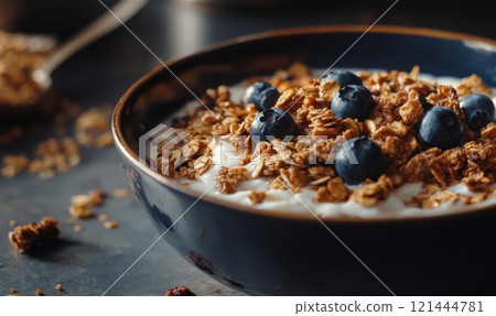 Granola with yogurt and blueberries. Healthy breakfast, on rustic background 121444781