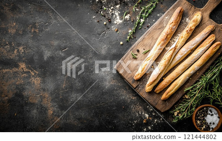 Grissini breadsticks on wooden board on rustic background 121444802