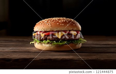 Closeup view of tasty cheeseburger on rustic wooden background 121444875