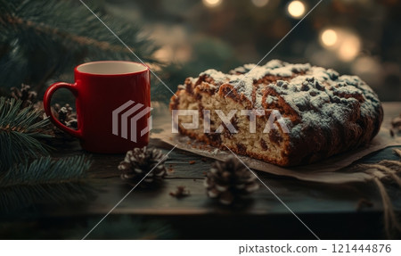 Stollen cake with red coffee cup. Christmas tree branches with fir cones background, holiday dessert concept 121444876